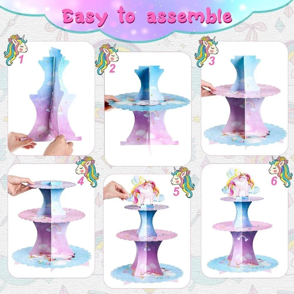 3 Tier Unicorn Cupcake Stand Watercolor Unicorn Cardboard Cupcake Holder  New
